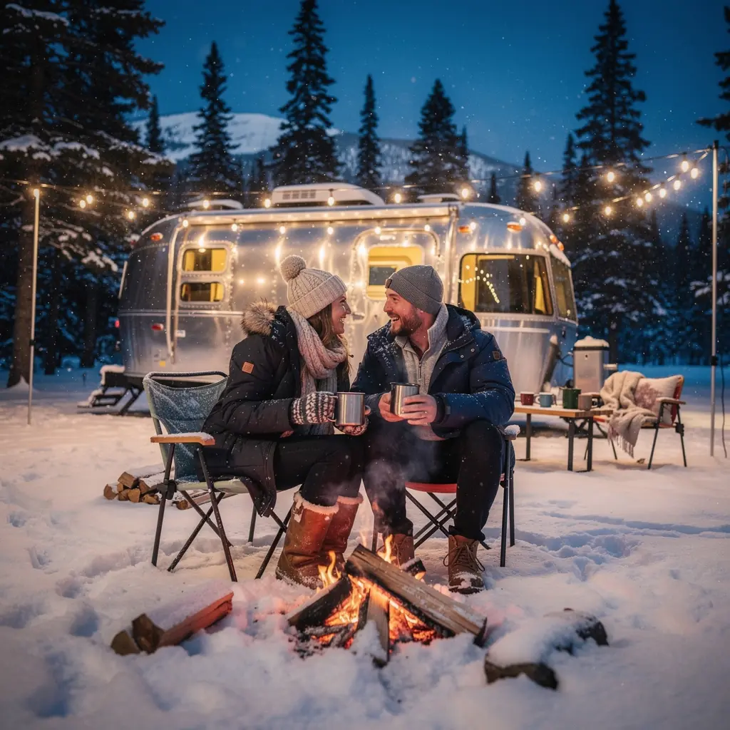 Семья, отдыхающая у костра рядом с автодомом в кемпинге.