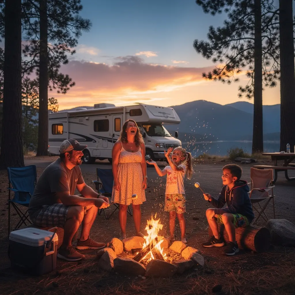 Кемпинг на природе с палатками и автодомами, окруженный живописными пейзажами США.