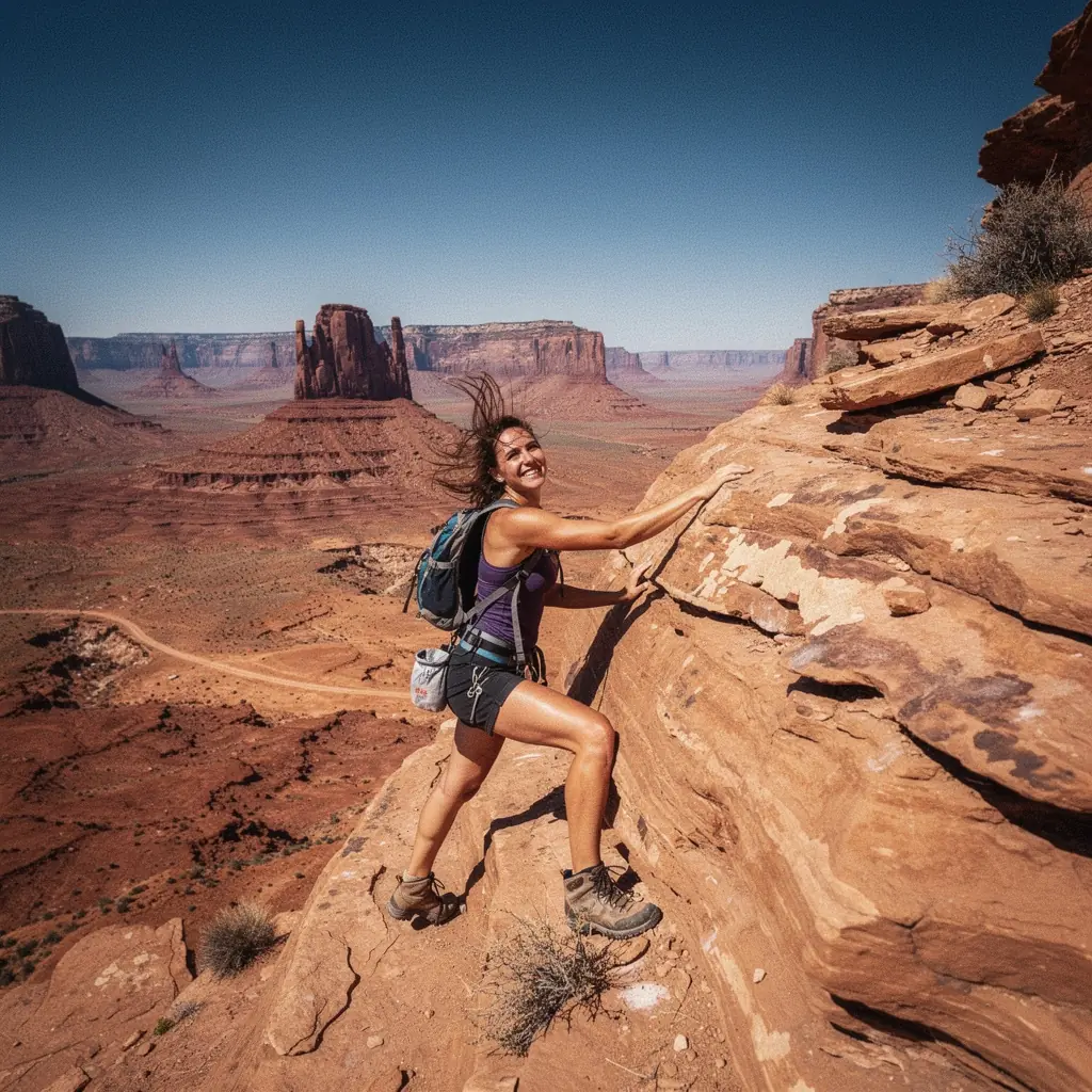 Картинка автодома на фоне живописного пейзажа с горами и озером.