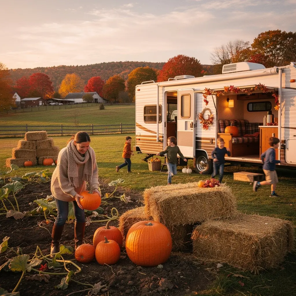 Дорога, ведущая через лес, с автодомом, едущим по ней.