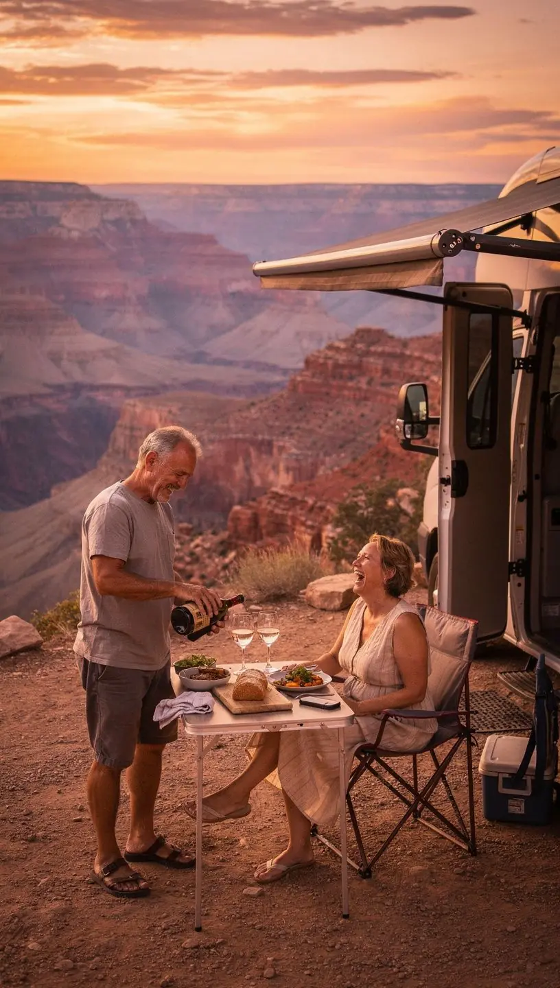Панорамный вид на красивый кемпинг с жилыми авто и зелеными деревьями.