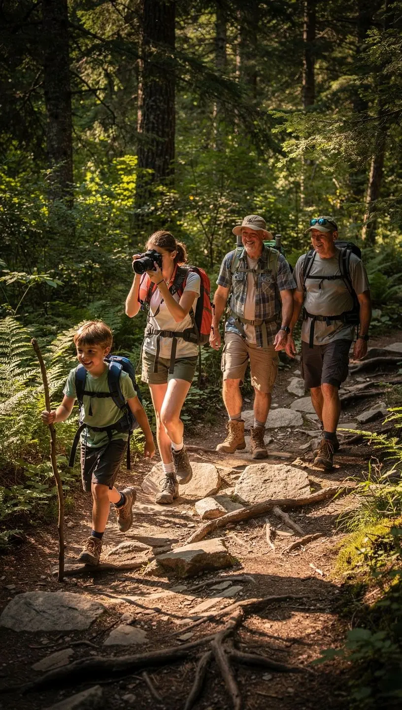 Семья рядом с автодомом, наслаждающаяся вечерним костром и природой.