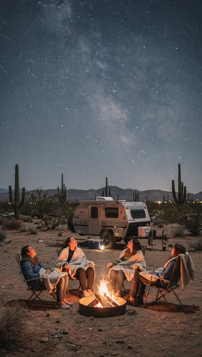 Дорога, ведущая через живописные горы, с автодомом на горизонте.