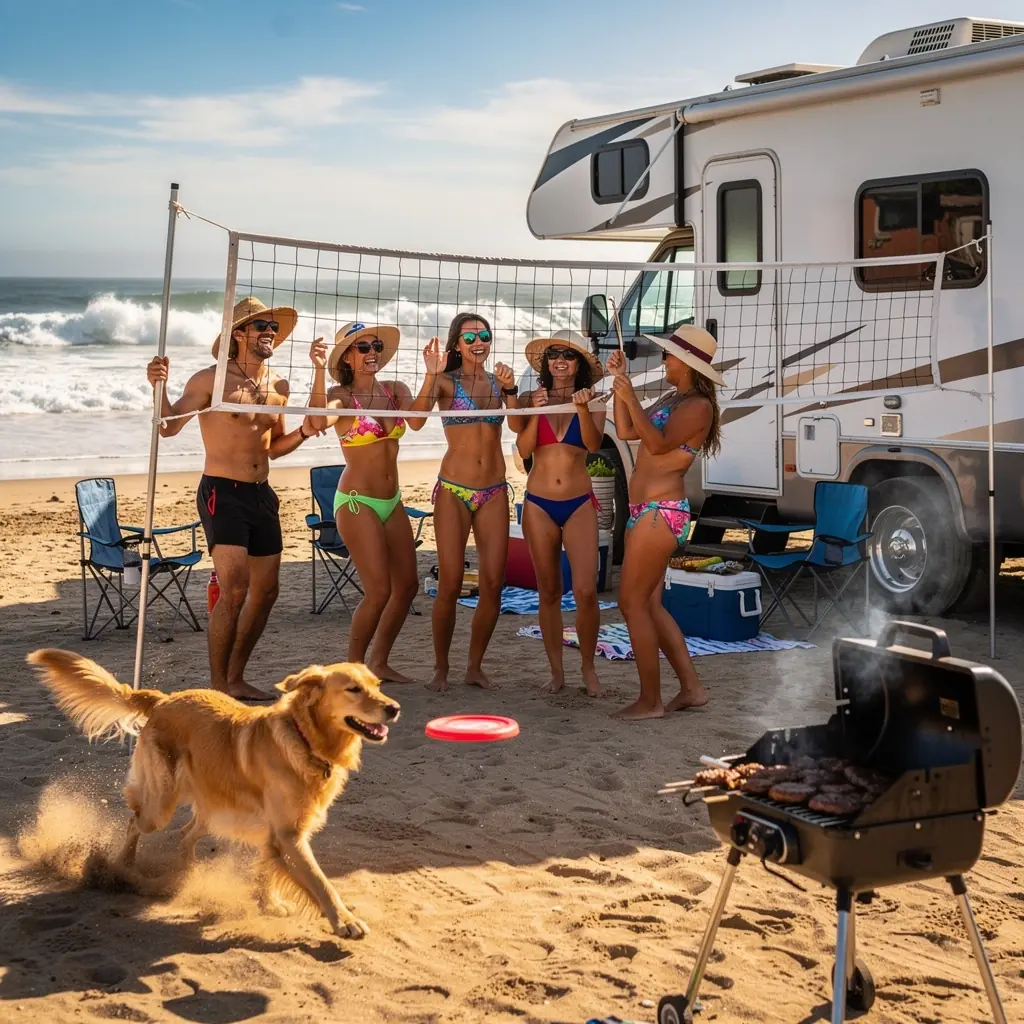 Рейтинг кемпинга на табличке с красивым видом на сосновый лес.